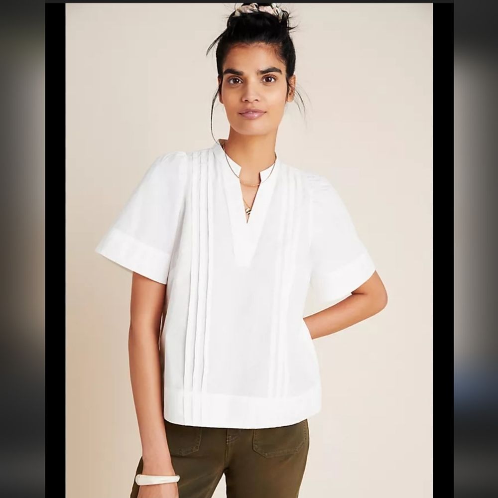 White Pleated V-Neck Short Sleeve Top
